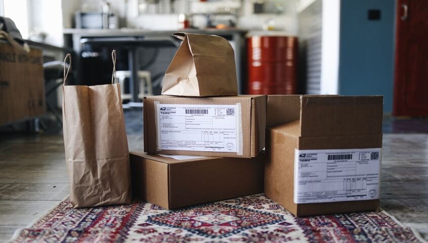 Shipping parcels stacked on a living room rug, the zero-inventory logic behind the best low cost business ideas.