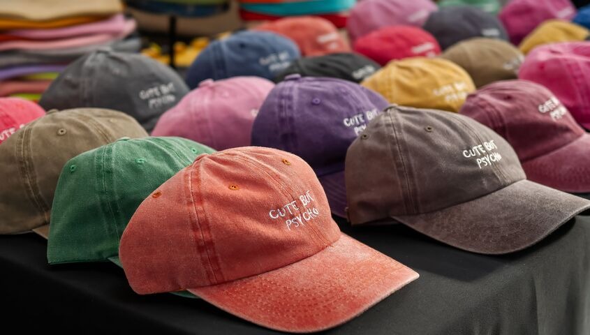 Table of embroidered dad caps in many colours at a market stall