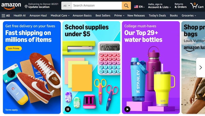 Amazon homepage showing Prime shipping and school supply deals, the highest-traffic of the most popular online marketplaces