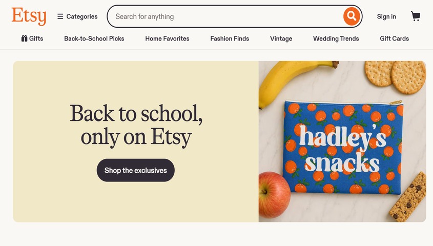 Etsy homepage with back-to-school banner, one of the best online marketplaces for handmade and custom apparel sellers