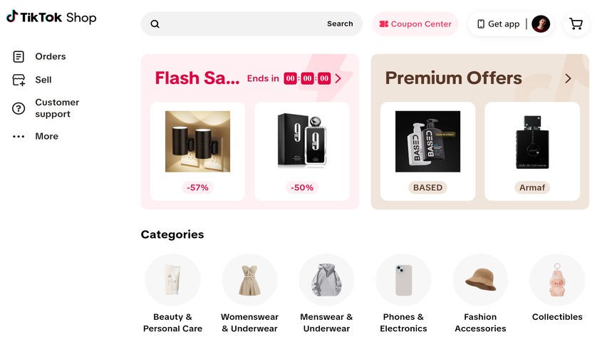 TikTok Shop homepage with flash sale timer and apparel categories, the fastest-growing of the trending marketplace websites