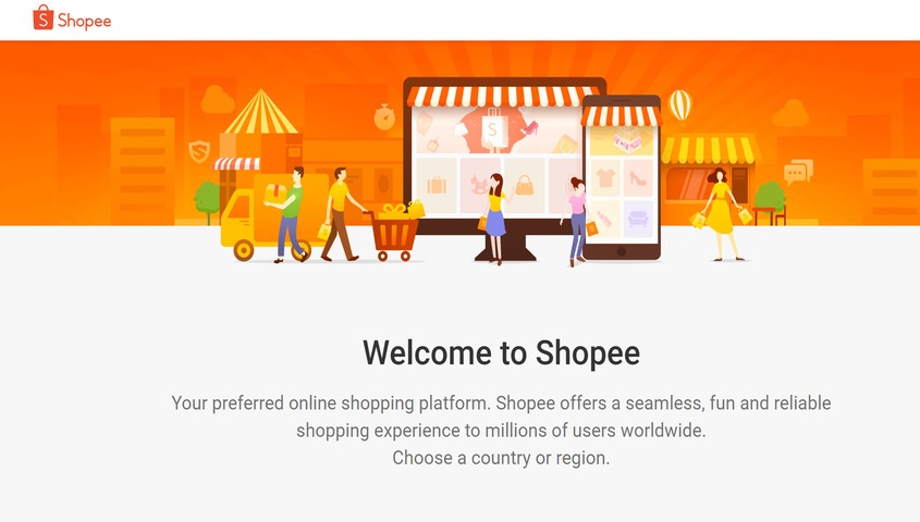 Shopee welcome page with country selector, the leading online selling platform for Southeast Asian buyers