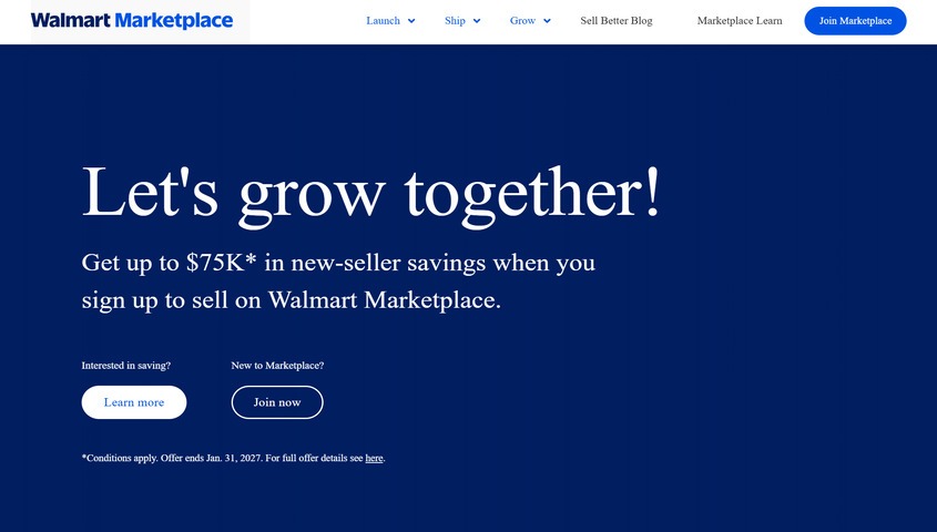 Walmart Marketplace seller landing page with new-seller savings offer, an online selling platform for value-priced basics