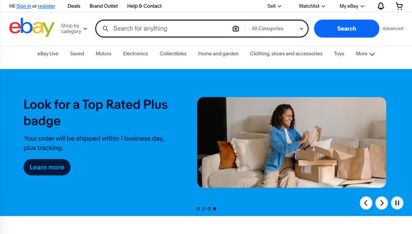 eBay homepage with Top Rated Plus badge banner, a long-running platform to sell online for streetwear resale and vintage