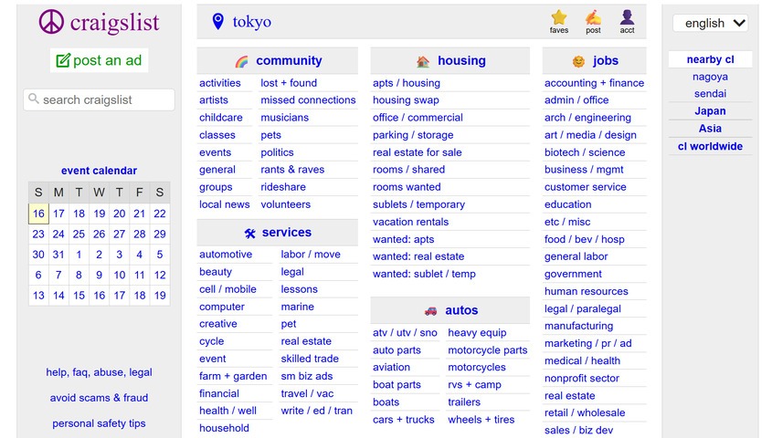 Craigslist Tokyo homepage with community, housing, and jobs listings, a free local option for how to sell online