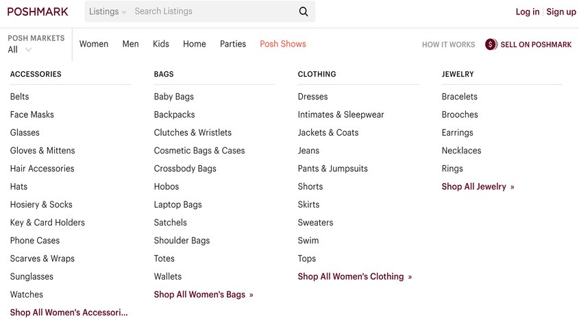 Poshmark homepage with women's accessories, bags, clothing, and jewelry menu, a social online selling platform for fashion