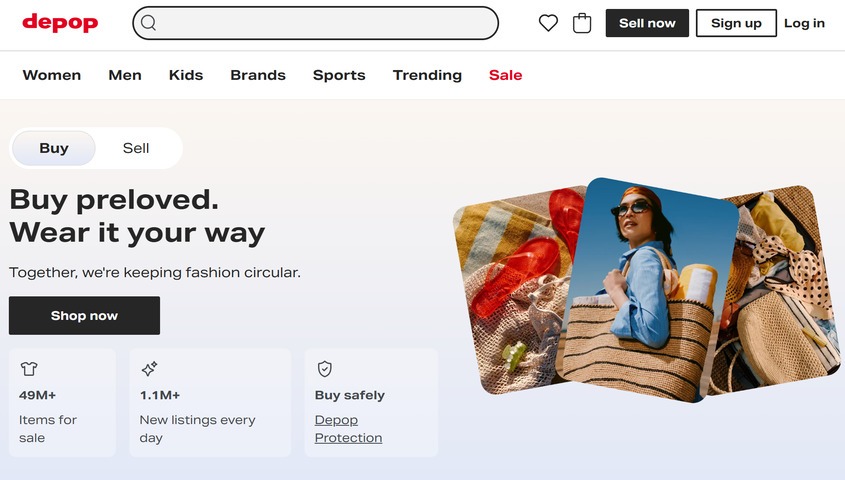 Depop homepage with "Buy preloved" banner and 49M+ items for sale, a Gen Z fashion marketplace for streetwear and vintage