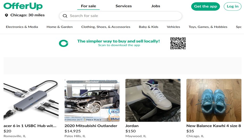 OfferUp homepage showing local Chicago listings for sneakers and electronics, a mobile-first platform to sell online locally