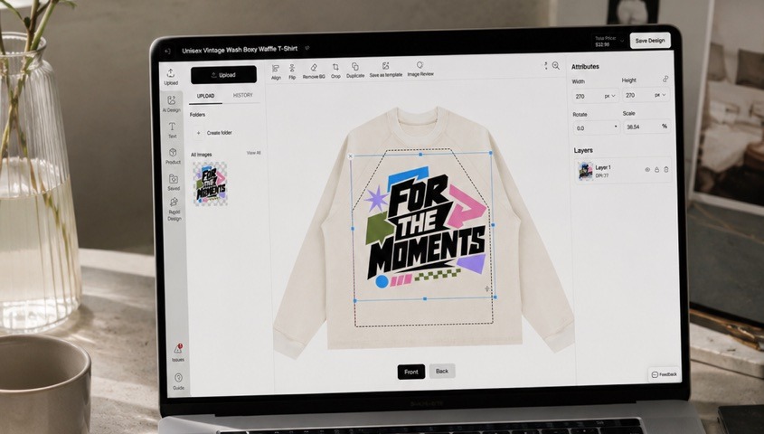 Laptop screen showing artwork being positioned inside the print area of a garment in a design tool