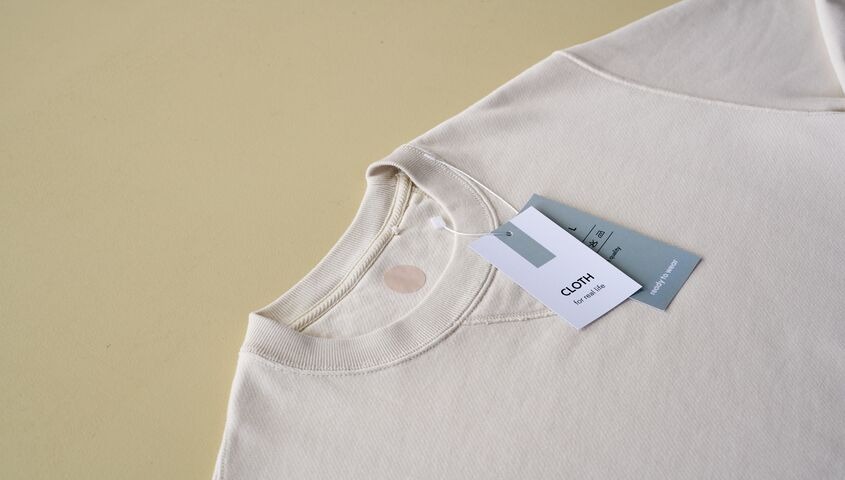 Close-up of a cream heavyweight tee with hang tags, where t shirt weight starts doing its quality signaling.