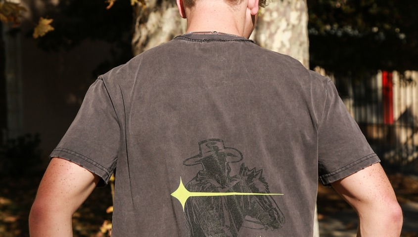 Back view of a washed gray T-shirt showing how the graphic scale fits the body width