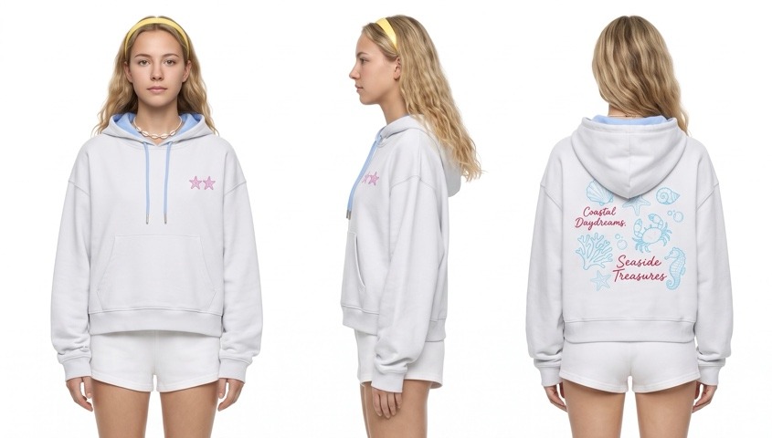 Model wearing a white custom hoodie shown from the front, side and back for a product listing