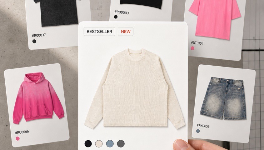Product cards showing different blank garment styles including a T-shirt, hoodie, polo and shorts