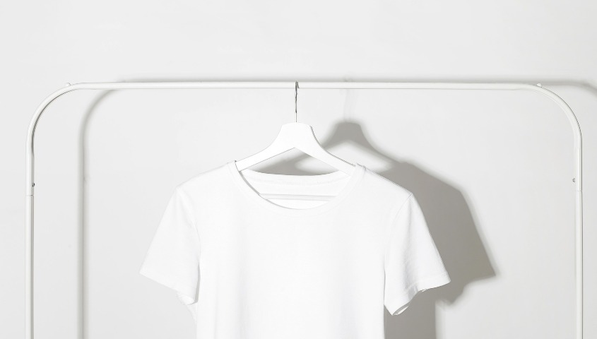 Close-up of t-shirt fabric texture and stitching