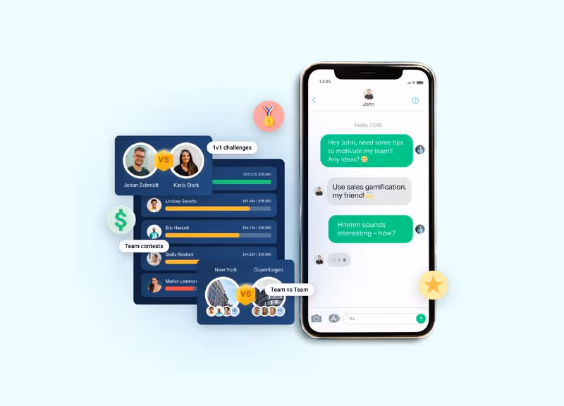 Sales gamification example showing team contests, individual challenges, and chat about using gamification to motivate sales teams