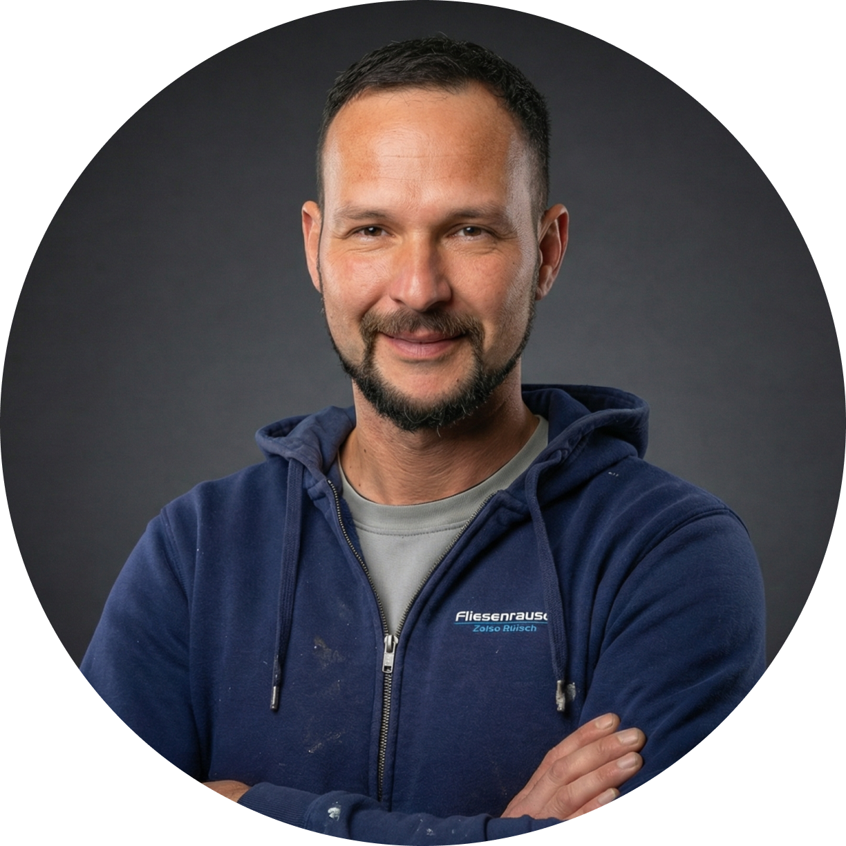 Mann mit kurzem Haar und Bart, der einen dunkelblauen Kapuzenpullover mit Logo trägt und die Arme verschränkt.