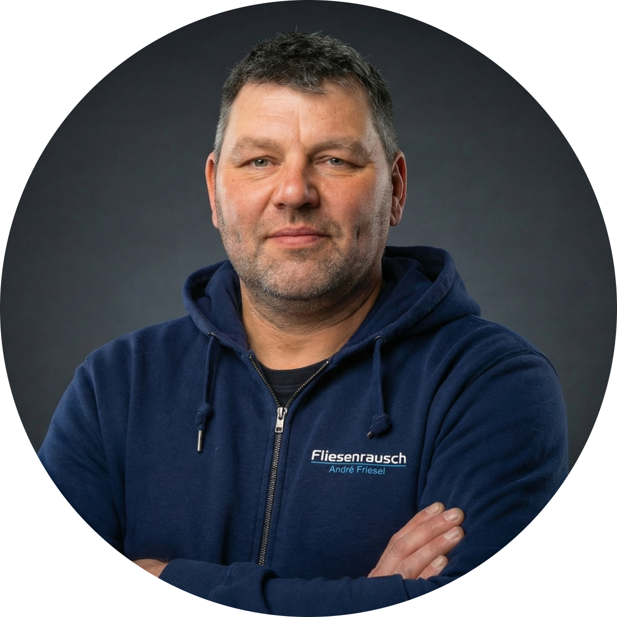 Mann mit dunkelblauer Kapuzenjacke mit verschränkten Armen vor dunklem Hintergrund.