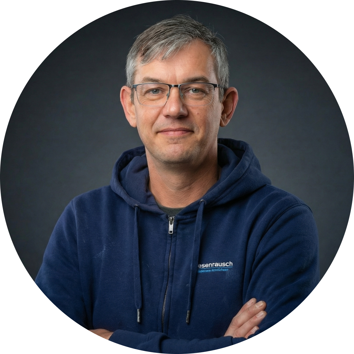 Mann mit grauen Haaren und Brille in einem dunkelblauen Kapuzenpullover vor dunklem Hintergrund.