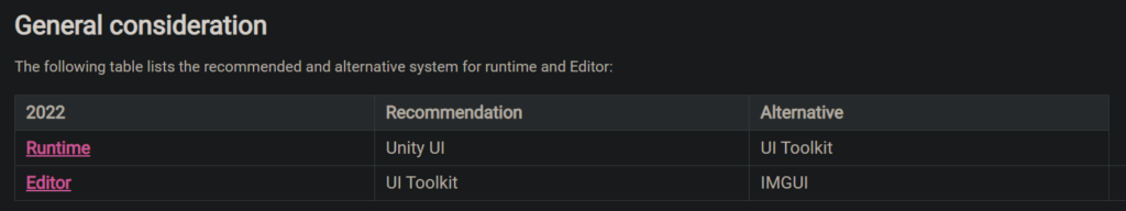 General considerations of UI Toolkit, saying that UI Toolkit is a recomended way of doing the custom editors and thet we should still use Unity UI as for Runtime