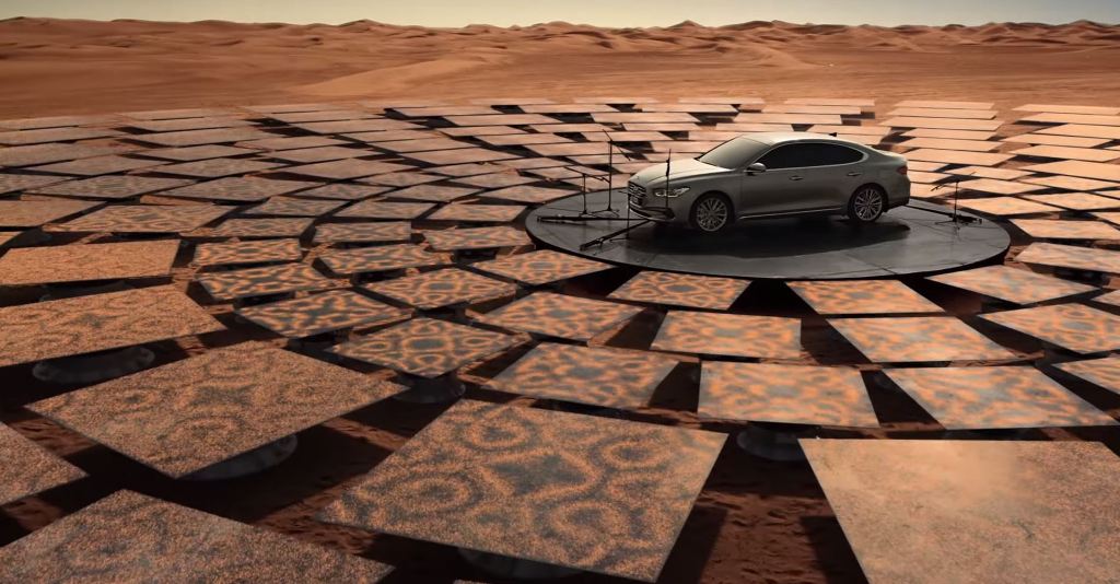 Car captured on platforms in the surroundings of the desert