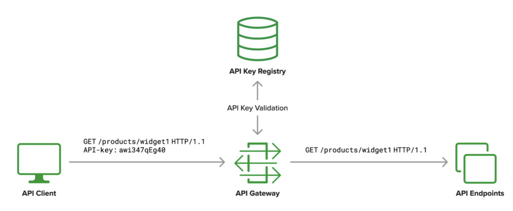 Before forwarding the request to the API endpoint, the API gateway confirms the API key's validity by referring to a key registry.
