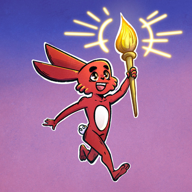 Excited red cartoon rabbit joyfully running while holding a glowing golden paintbrush like a torch, set against a vibrant purple-to-pink gradient background.