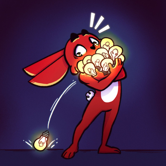 Cartoon red rabbit holding a large bundle of glowing light bulbs with a worried expression, while one light bulb slips and falls to the ground. 