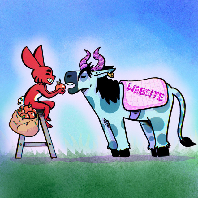 Red bunny character sitting on a ladder feeding apples to a blue cow labeled “Website,” symbolizing nurturing your online presence as an illustrator.