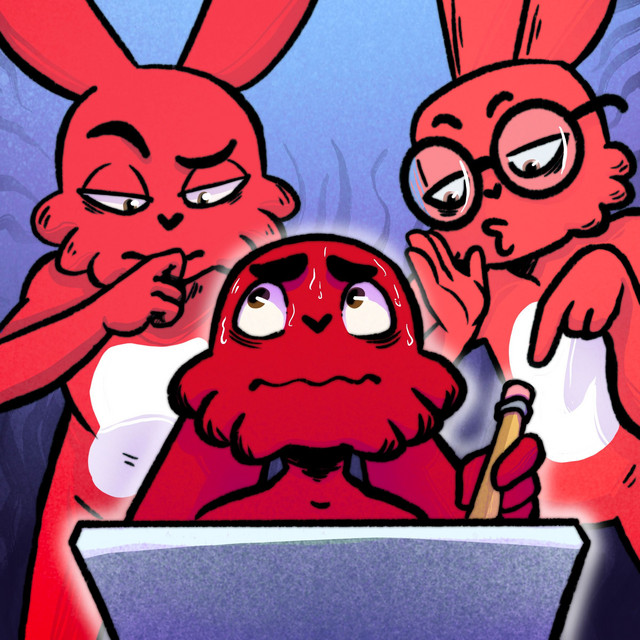 Cartoon illustration of three red rabbits; the middle one is sweating nervously while working at a desk, as the two on either side lean in, one pointing at the paper and the other touching their chin in judgment.