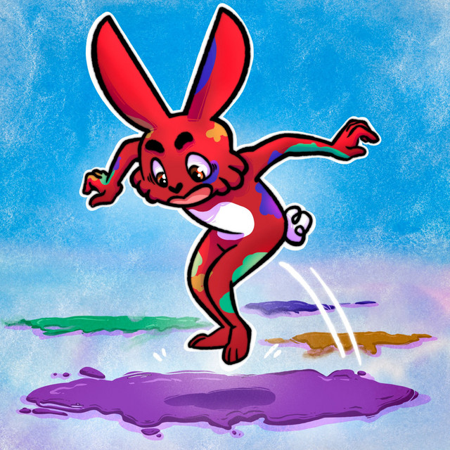 Cartoon red bunny jumping across colorful paint puddles, with splashes of paint covering its body and a surprised expression on its face.