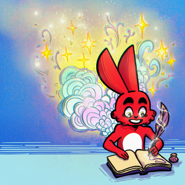 A red cartoon bunny happily writing in a journal with a magical quill, as colorful smoke and golden stars swirl from the pages against a vibrant blue background.