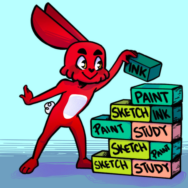 A cheerful red cartoon rabbit builds a tower using colorful blocks labeled “SKETCH,” “PAINT,” “INK,” and “STUDY” against a light blue background.