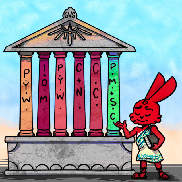 Illustration of a red cartoon rabbit in a toga standing next to a classical stone temple labeled "SVS" with six colorful pillars, each marked with abbreviations representing core business skills for artists. The rabbit gestures proudly toward the structure