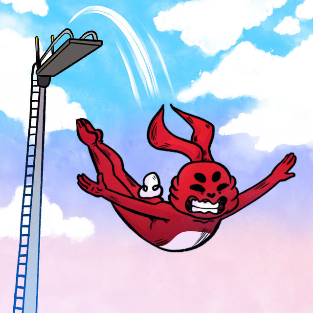A red cartoon bunny nervously free-falls from a tall diving board, arms flailing and teeth clenched, against a bright sky with fluffy clouds.