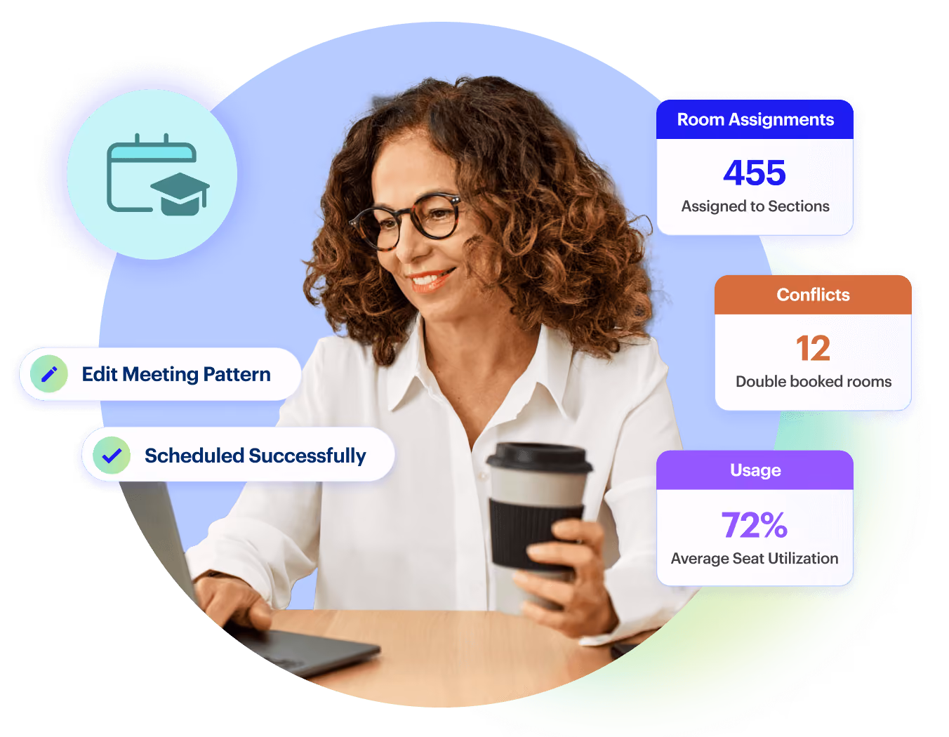 Woman using laptop with labels showing academic scheduling stats like room assignments, conflicts, and seat usage.