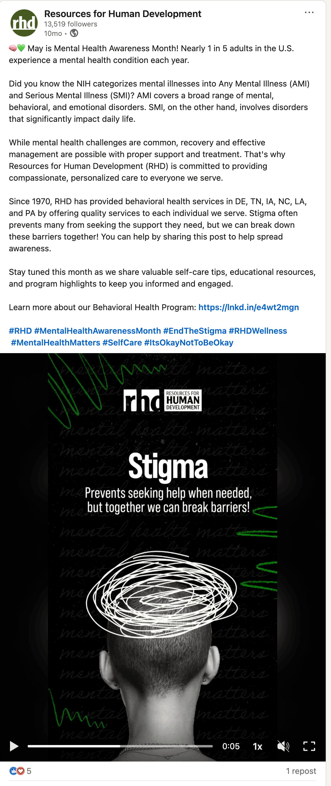 Screenshot of the LinkedIn post for the Mental Health awareness campaign.