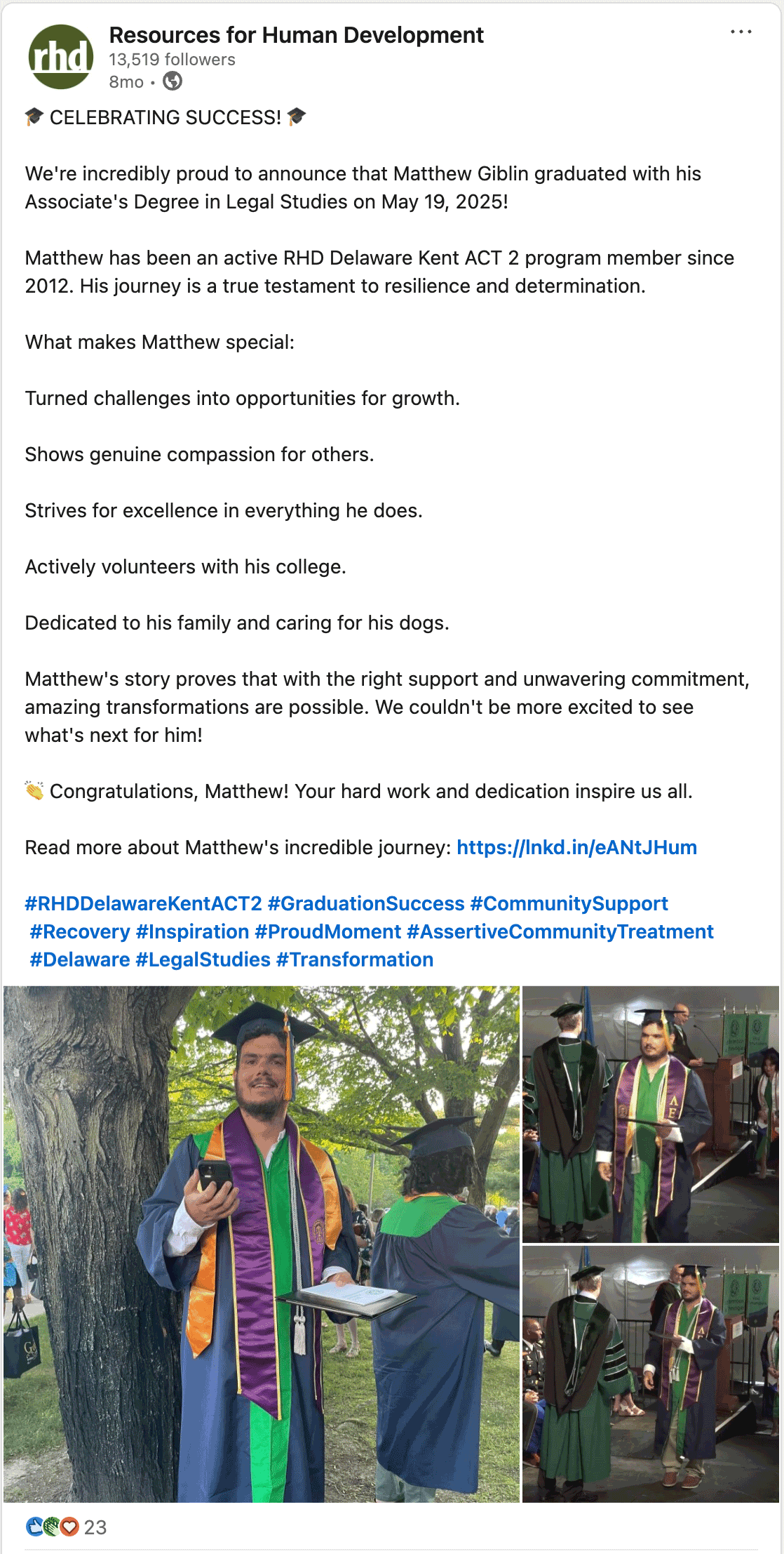 Screenshot of the LinkedIn post of Matthew's story.