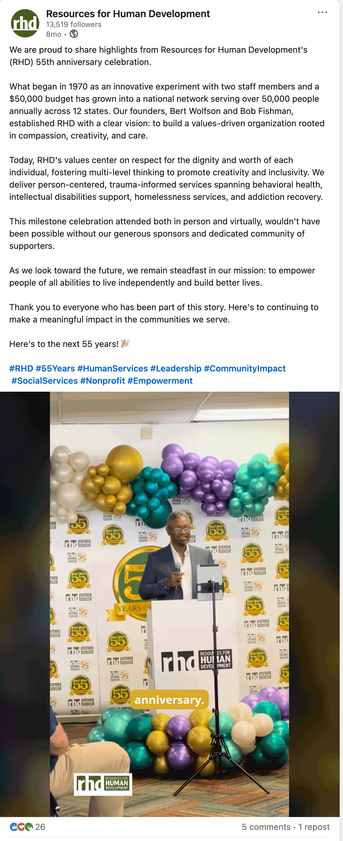 Screenshot of RHD 55th LinkedIn post.