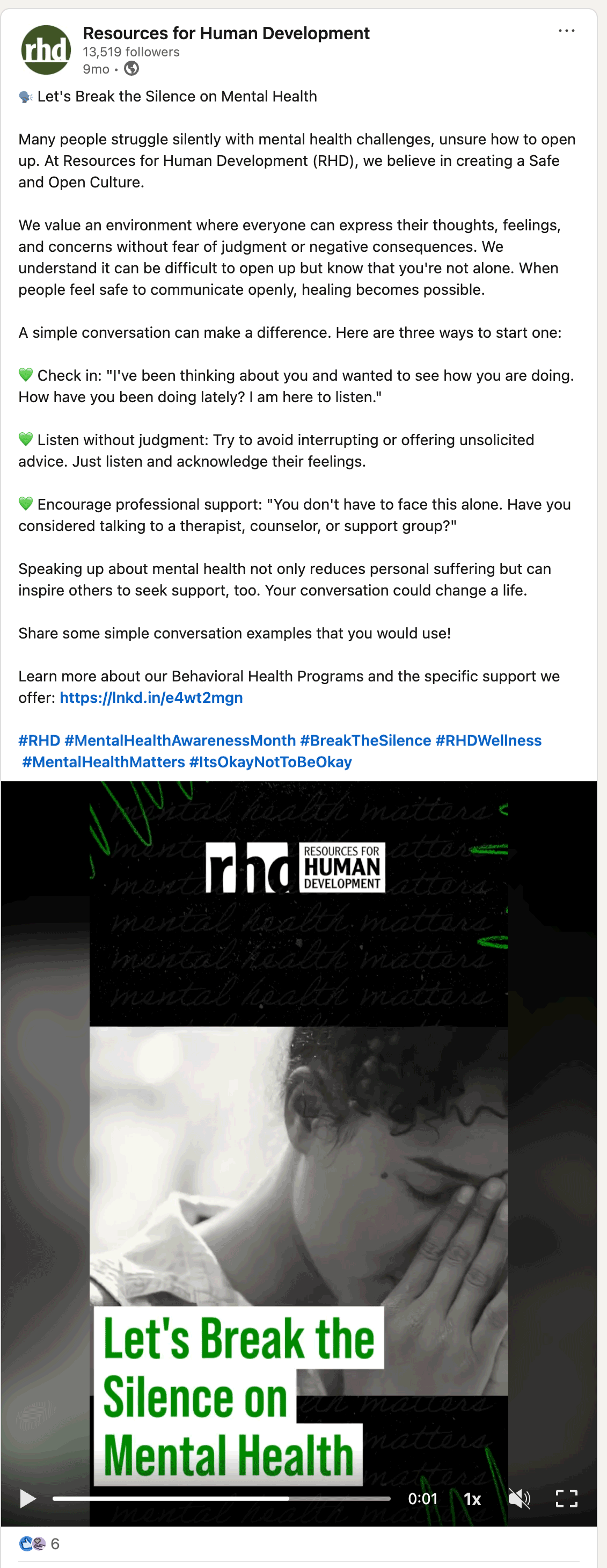 Screenshot of the LinkedIn post for the Mental Health awareness campaign.