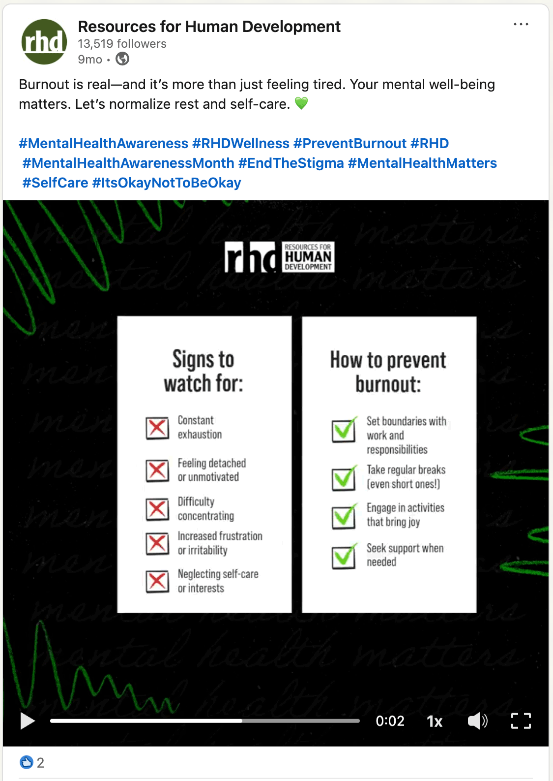 Screenshot of the LinkedIn post for the Mental Health awareness campaign.