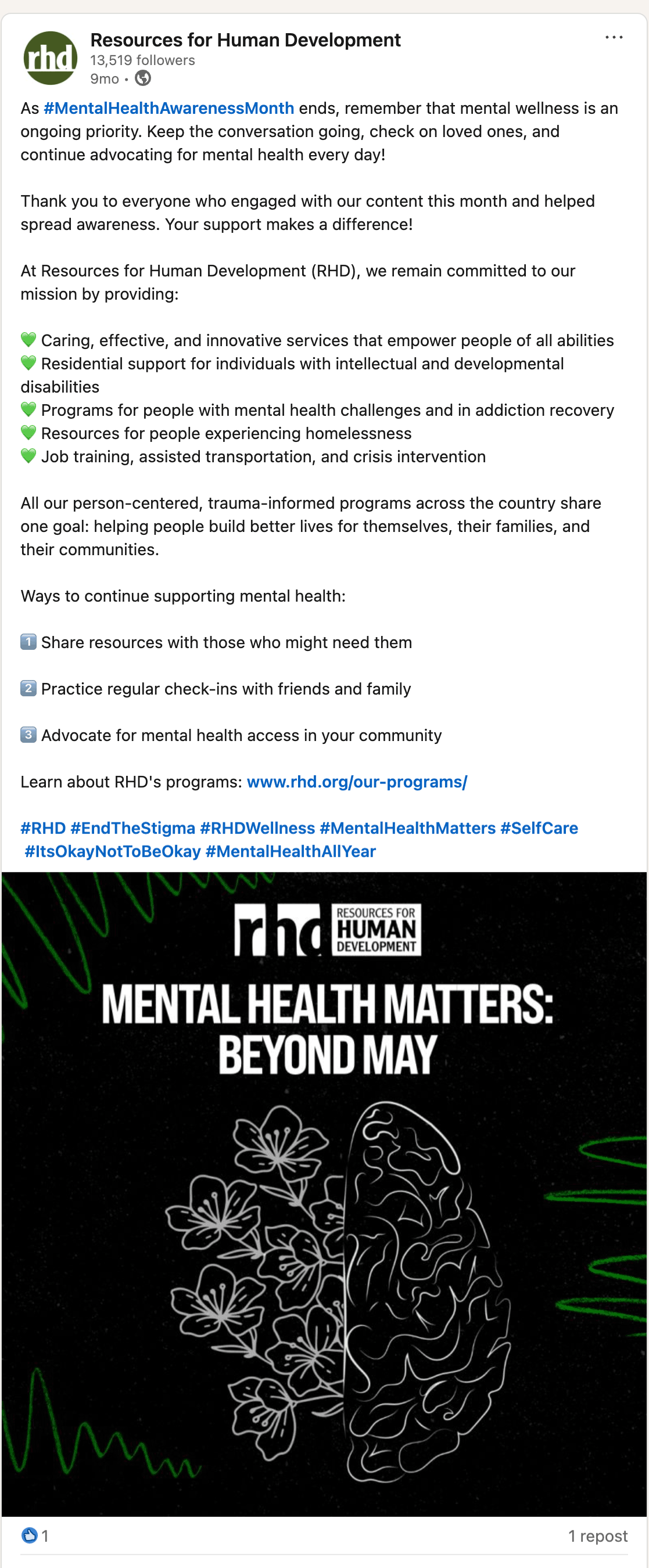 Screenshot of the LinkedIn post for the Mental Health awareness campaign.