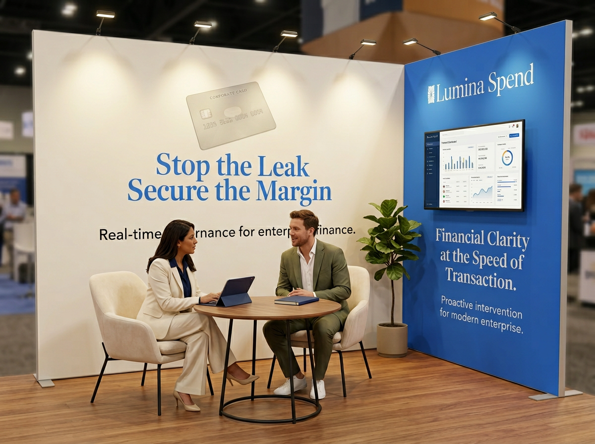 3D render of a 10x10 trade show booth for Lumina Spend, featuring a white back wall with the headline 'Stop the Leak, Secure the Margin' and an engraved corporate card illustration, paired with a navy blue side panel displaying the Lumina Spend logo, a mounted financial dashboard screen, and the tagline 'Financial Clarity at the Speed of Transaction.' Two professionals sit at a round table in conversation, surrounded by warm wood flooring and a potted plant.