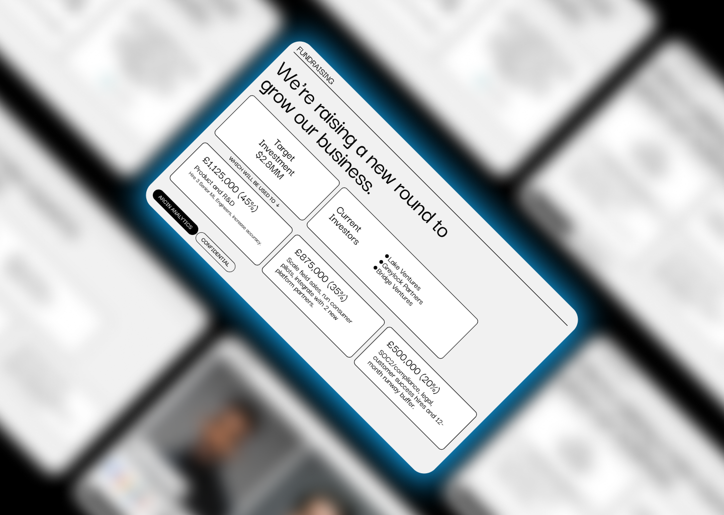 Fundraising info card describing a new round to grow the business with a target investment of $2.8MM split into £1,125,000 for product and R&D, £875,000 for scale field sales and pilots, and £500,000 for SOC2/legal and customer success, listing current investors Lake Ventures, Greylock Partners, and Bridge Ventures.