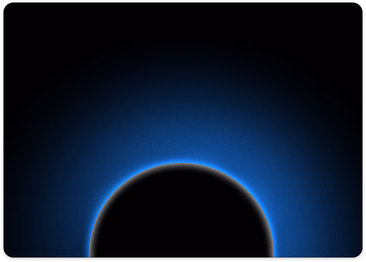 Black planet with a glowing blue halo effect against a dark space background.