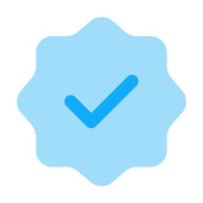 Blue verification badge with a checkmark inside a scalloped circle.