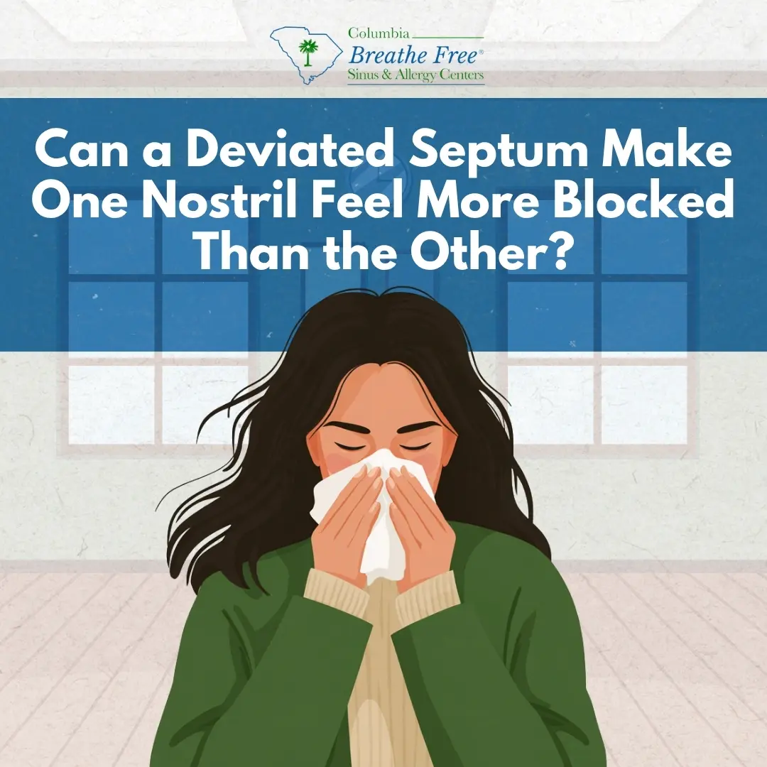 Branded social graphic for Columbia Breathe Free Sinus & Allergy Centers featuring an illustrated woman with dark hair blowing her nose into a tissue in a bright room, with bold text reading "Can a Deviated Septum Make One Nostril Feel More Blocked Than the Other?"