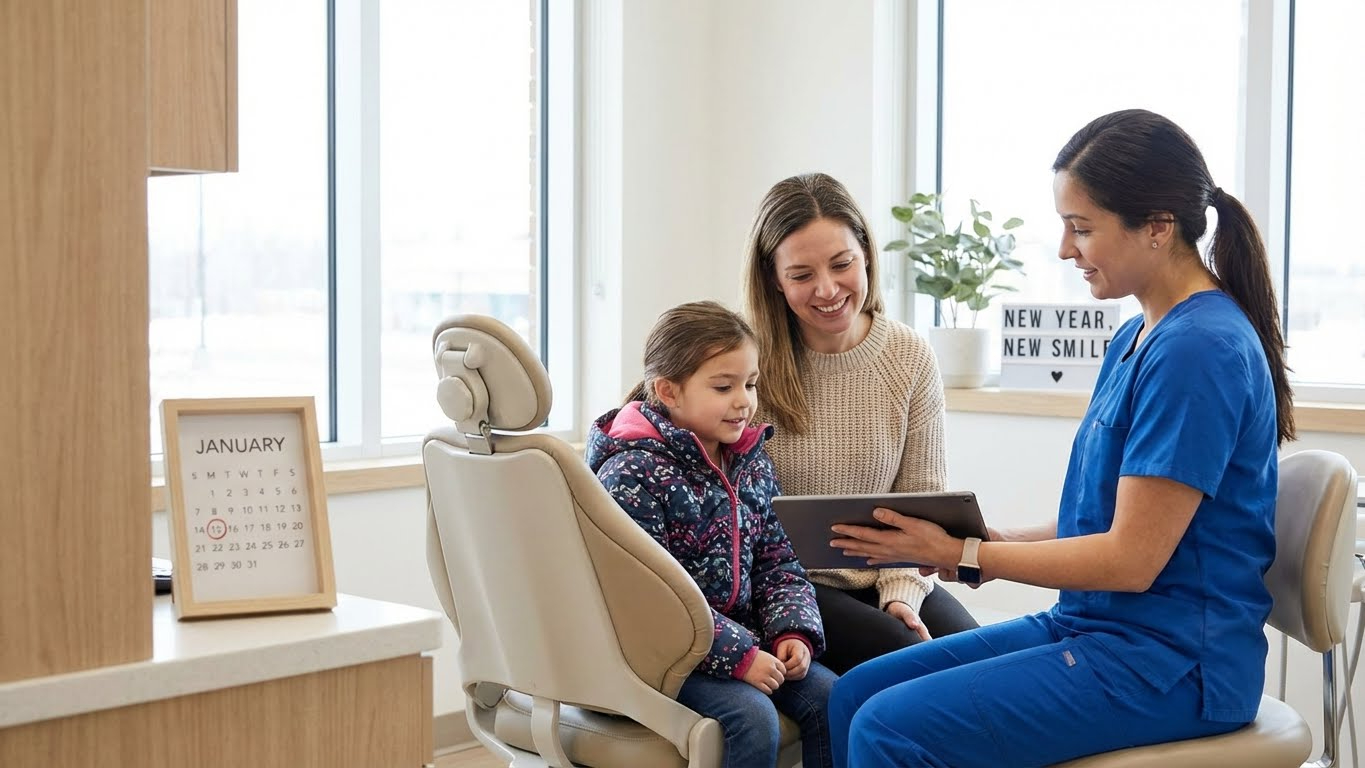smiling woman at dentist office with dental staff in background