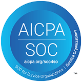 AICPA SOC logo for Service Organizations, featuring a blue circular emblem with 'AICPA SOC' in white text and surrounding phrases.