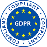 Blue circular badge with yellow stars around the border and the text GDPR in the center, surrounded by the word COMPLIANT repeated three times.