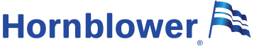 Hornblower logo featuring the word 'Hornblower' in blue with three stylized blue and black waving flags.